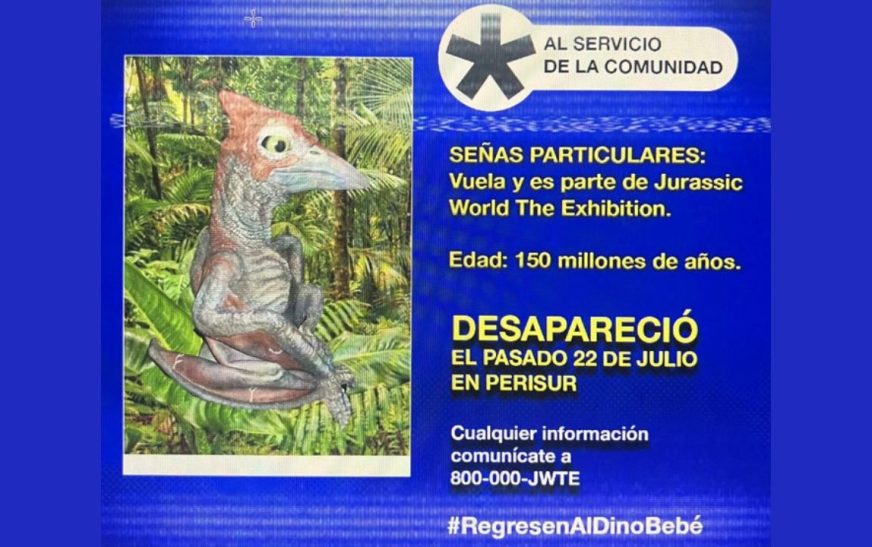 Emiten ficha de búsqueda del dino bebé robado de expo Jurassic World