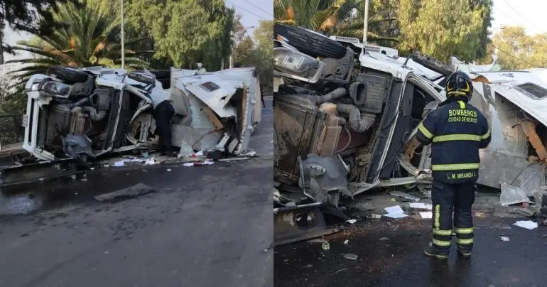 Tráiler queda destruido tras volcar sobre Periférico y Miguel Bernard