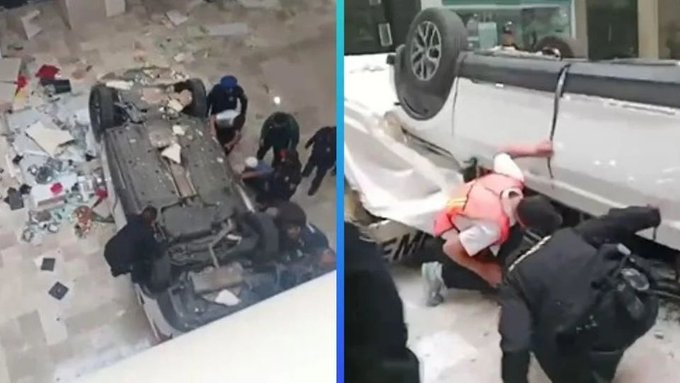 Auto cae dentro de plaza comercial en CDMX; reportan a conductora grave