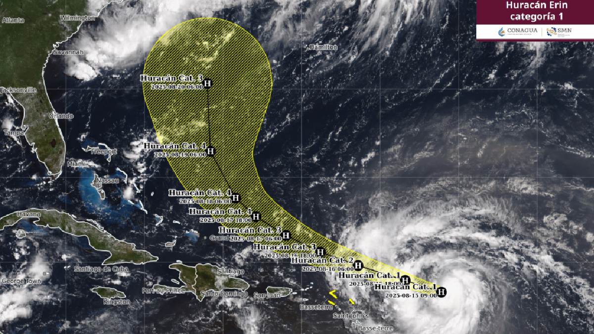 Huracán Erin se intensifica a categoría 1, el primero de la temporada en el Atlántico