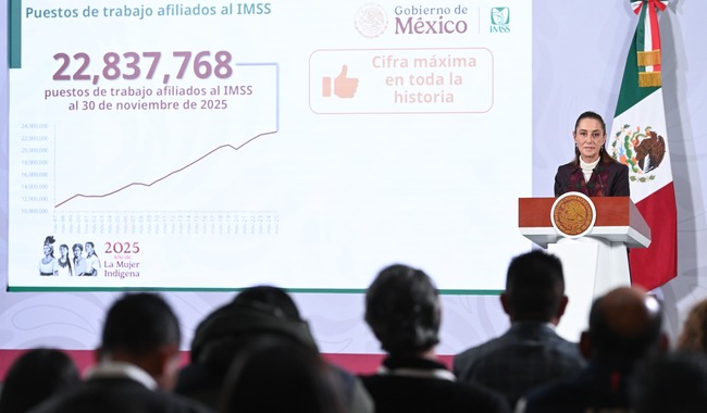 Empleo afiliado al IMSS registra nuevo récord histórico con 22 millones 837 mil 768 puestos de trabajo al 30 de noviembre de 2025